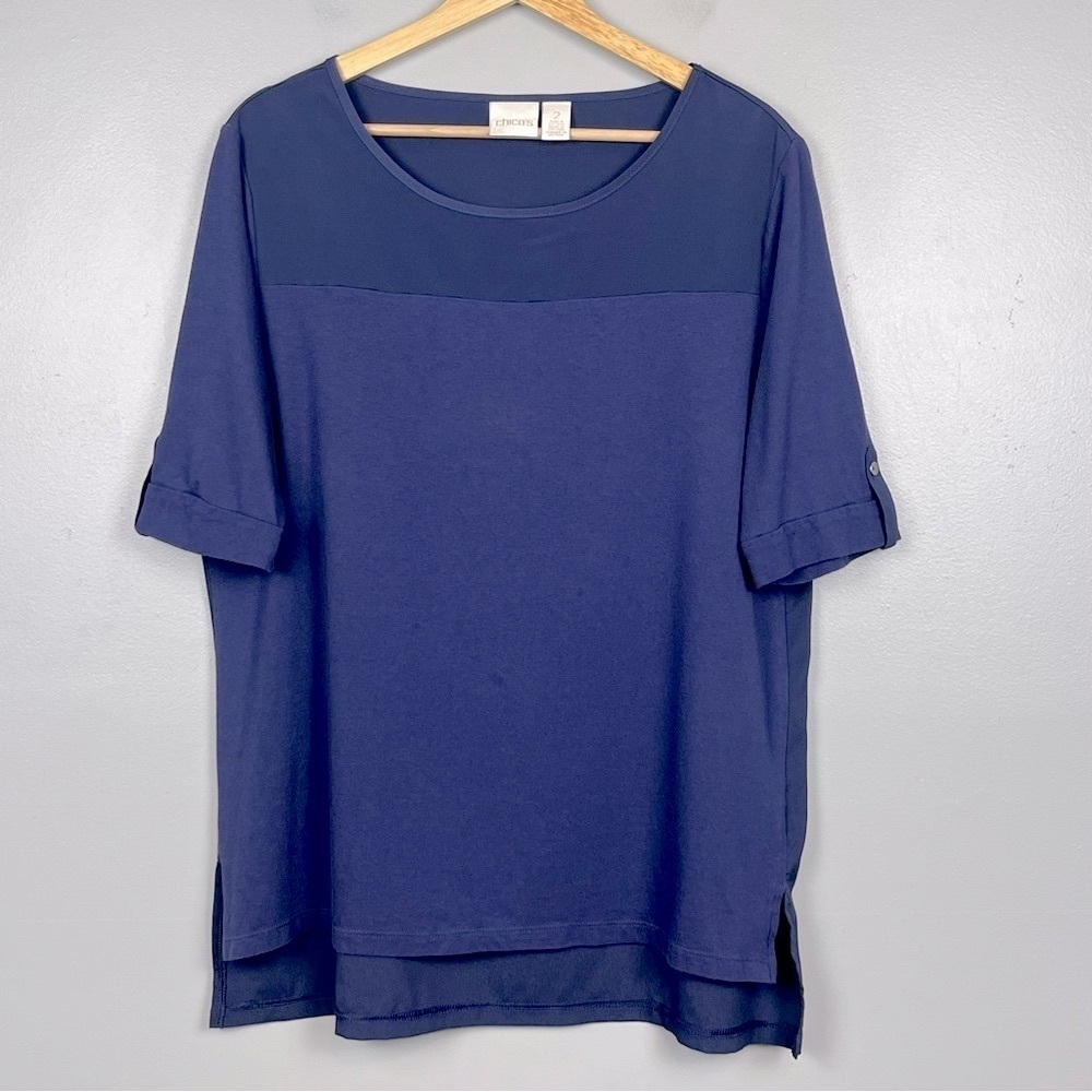 Chico’s blue cotton modal poly mixed fabric blouse top, 2 = large.